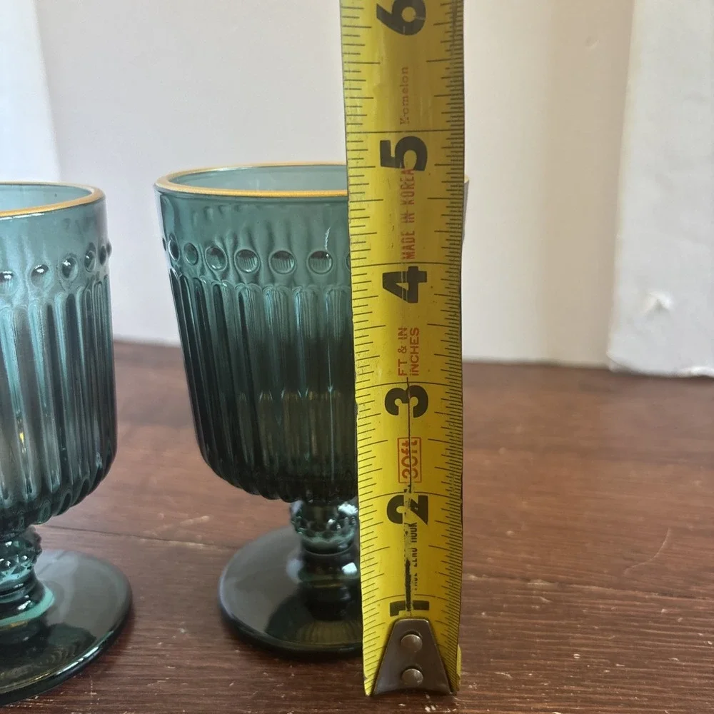 2 Green Glass Stemware Goblets Fluted Pattern Gold Rim 4.5